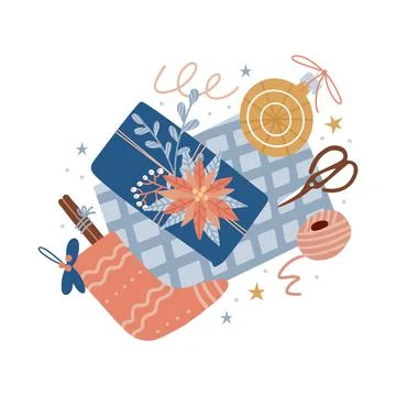 Christmas presents wrapping process. Packaging flat lay top view. Gift box and Stock Illustration