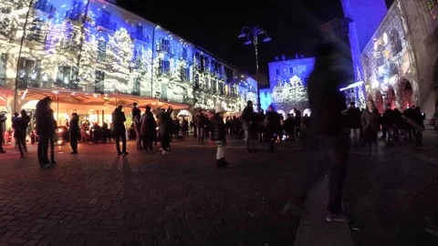 Christmas projection on the major square in Como, palace of Broletto and towe Stock Footage 86736650