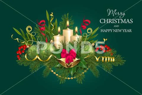Christmas PSD with coniferous branches candles green balls and red berries PSD Template