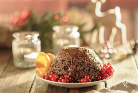 Christmas pudding in rustic style Fotos Stock