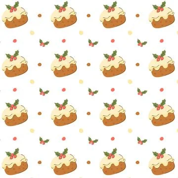 Christmas Pudding Seamless Pattern Holly Berries Dessert Festive Food Hand .. Stockillustratie