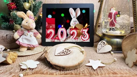 Christmas rabbit with digital tablet, New Year tree and magical lantern Stock Footage 221294342