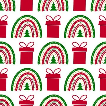 Christmas Rainbows seamless pattern. Hand drawn winter holidays background... 스톡 일러스트