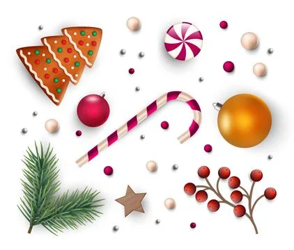 Christmas realistic elements. 3d pine branch, sweets, gingerbread cookie Stock Illustration