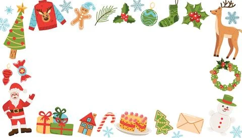 Christmas rectangle frame with Santa Claus, tree, candy cane, snowflake and.. Stock Illustration
