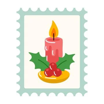 Christmas Rectangular postage stamp with lit pink Christmas candle Stock Illustration