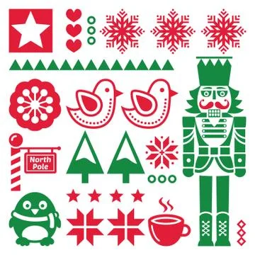 Christmas red and pattern with nutcracker - folk art style Stock Illustration
