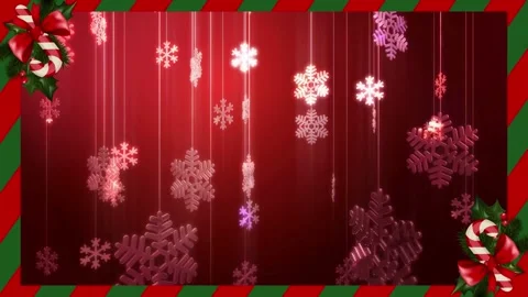 Christmas Red Background - Candy Cane Frame with Hanging Sparkling Snowflakes Vídeos de archivo 334338513