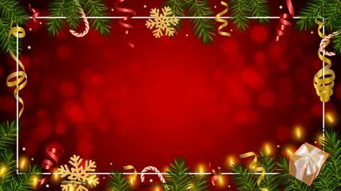 Christmas red background with pine branches, garlands, gifts, snowflake, tinsel Stock Illustration