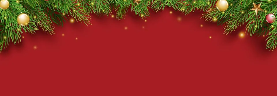 Christmas red background with pine branches and ornaments for card or banner. Stock Illustration