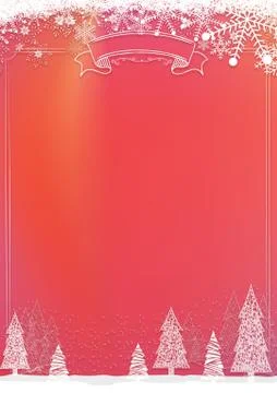 Christmas red background with snowflake and xmas tree border Stock Illustration