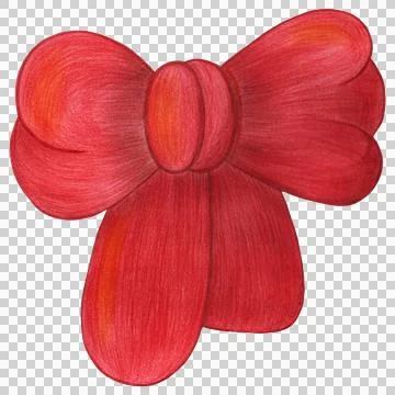 Christmas Red Bow Drawn by Colored Pencil Isolated on White Background. Stock Illustration