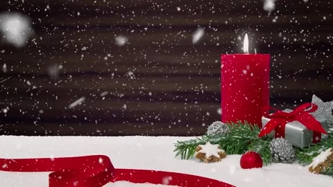 Christmas Red Candle with Gift Box and Snowfall Background Stock Footage 341823819