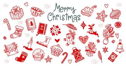 Christmas red elements in doodle style vector set on white 스톡 일러스트