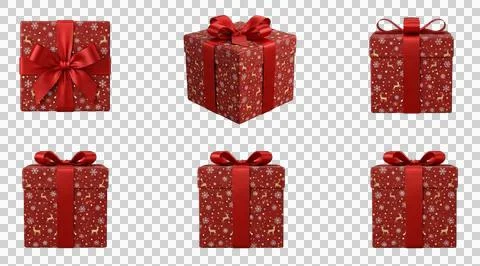 Christmas red gift boxes with ribbons and reindeer pattern isolated on a ba.. Stock Illustration