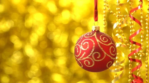 Christmas red with golden pattern ball spinning. New Year decoration. Blurred Stock Footage 68979918