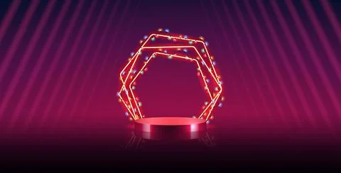 Christmas Red Hexagonal Neon Frame with Podium Stock Illustration