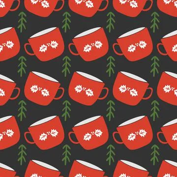 Christmas red mug seamless pattern with tree branch. Vector illustration. Stock Illustration