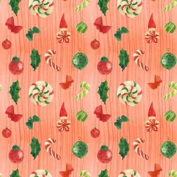 Christmas red pattern with gnome and candy canes and glass baubles, traced wa Stock Illustration