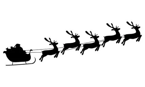 Christmas reindeers are carrying Santa Claus in a sleigh with gifts. Stock Illustration