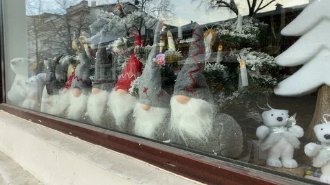 Christmas retail window display decorated with Christmas tree Stock Footage