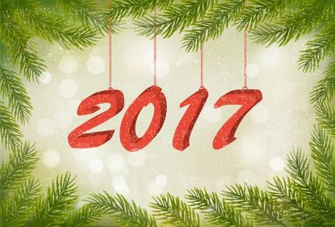 Christmas retro background with tree branches and 2017. Vector Illustrazione stock