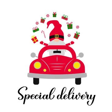 Christmas retro car with cute gnome. Vintage truck special delivery. Vector t Stock Illustration