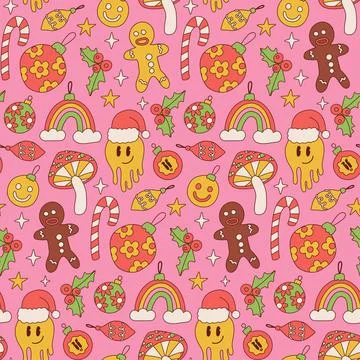 Christmas retro seamless pattern with groovy festive elements Santa hat, holly Stock Illustration