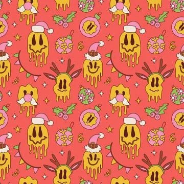 Christmas retro seamless pattern with groovy melting smile face, holly, toys on Illustrazione stock