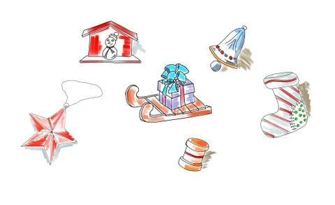 Christmas retro sketch doodles elements sled star snowman gift toys bell boot イラスト素材