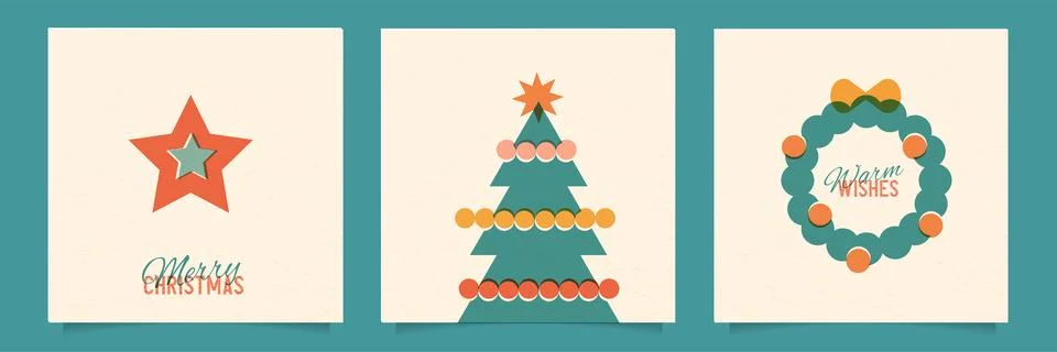Christmas risograph style posters set with abstract geometric shapes - xmas tree Stock Illustration