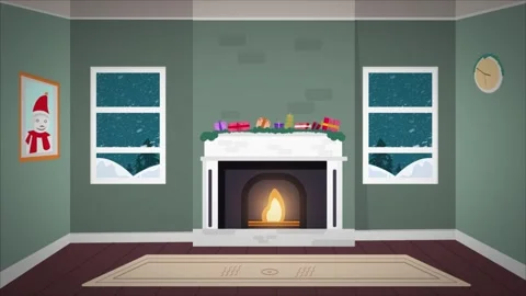 Christmas Room With Fireplace, outside window snow falling, motion graphics. Stock Footage 292631780