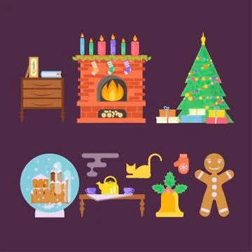 Christmas room interior objects Stock Illustration
