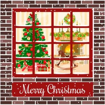 Christmas room through the window postcard Illustrazione stock