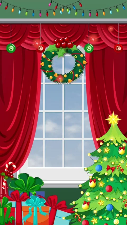 Christmas Room with Tree and Drifting Clouds Loop Animation Stock Footage 345703671