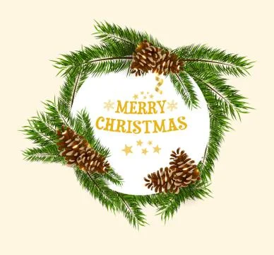 Christmas round background with tree branches and conifer cones. Stock Illustration