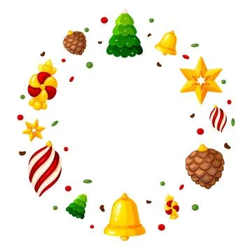 Christmas round frame tree toy party card flat Stock Illustration