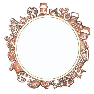 Christmas round ginger cookie frame, watercolor illustration in hand drawn style Stock Illustration