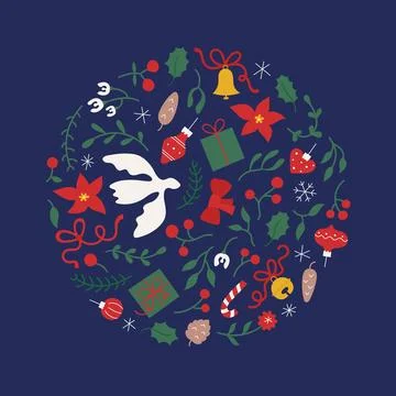 Christmas round pattern for banner, card. Cute flat New Year, Merry Christmas Stock Illustration