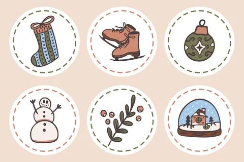 Christmas round stickers set vector illustration. Winter holiday gift tags and Stock Illustration