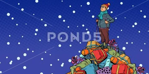 Christmas sale Shopping gifts. skier middle-aged man, On a mount Stock Illustration