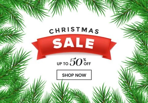 Christmas sale vector homepage template. Red ribbon with 50 percent discount in Stock Illustration
