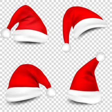 Christmas Santa Claus Hats With Shadow Set. New Year Red Hat Isolated on Stock Illustration