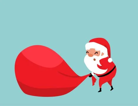 Christmas Santa Claus pulling a huge red bag of gifts with difficulty. Place for Stock Illustration