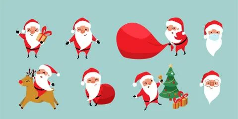 Christmas Santa Claus vector set. Cute cartoon winter holiday characters in Stock Illustration