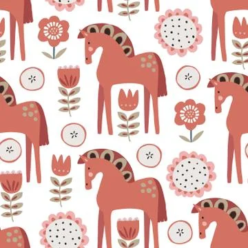 Christmas Scandinavian seamless pattern with red ornamental horses, apples and Stock Illustration