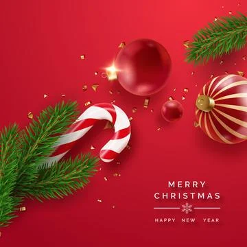 Christmas scene featuring a candy cane, baubles, pine branches, and confett.. Stock Illustration