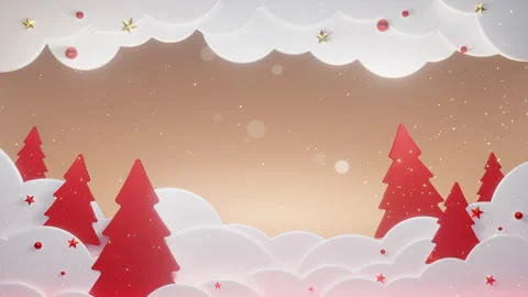Christmas scene with red pine trees, fluffy white clouds, golden stars Stock Footage 317913189