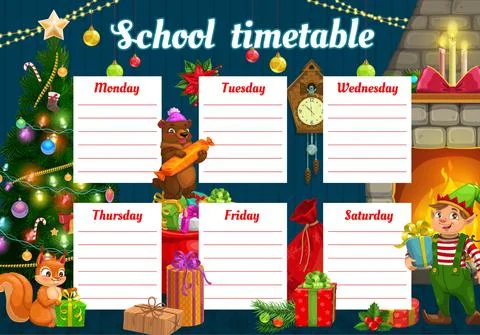 Christmas school timetable with animals and elf Stock Illustration