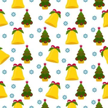 Christmas seamless background. Bells, Christmas trees, snowflakes Stock Illustration